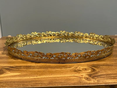 Oval Mirror Filigree Perfume Tray 17" Wide - Image 1 of 4