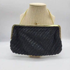 Vintage Walborg Abendtasche schwarz Perlen gold Metallgestell & Kettenriemen - Bild 1 von 8