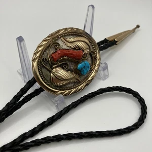 Vintage Bolo Tie / Sterling Silver Gold Filled Turquoise Coral / Southwestern - Picture 1 of 21
