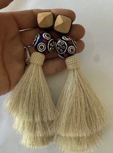 100% Authentic TORY BURCH Wood Ceramic Bead & Tassel Clip on Earrings $179 - Picture 1 of 10