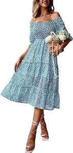 Arch&Cloz women summer off Shoulder Midi dress casual floral beach Sundress XL - Picture 1 of 10