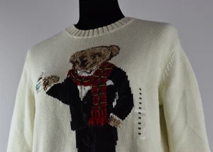 NWT Polo Ralph Lauren Sz M Chic Cream Embroidered Bear Pullover Knit Sweater RL - Picture 1 of 21