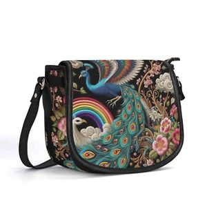 Psychedelic Peacock Genuine Leather Saddle Shoulder Bag Handbag Chinoise Floral - Picture 1 of 10