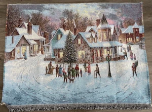 Large Victorian Scene House Snow Christmas Tree Scene Tapestry Panel by D.Zewan - Picture 1 of 2