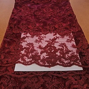 1. 7/8 yd Maroon Sequin Lace Scallop Floral Fabric Special Occasion - Picture 1 of 3