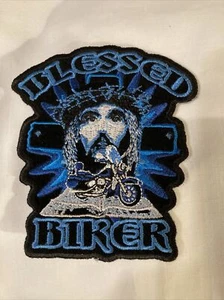 SELIGER BIKER - JESUS - BLAUER BESTICKTER PATCH ZUM AUFBÜGELN / AUFNÄHEN 3,5" x 4" - Bild 1 von 2