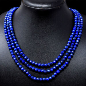 387.00 Cts Natural 3 Lines Blue Lapis Lazuli Round Beads Necklace NK 21E74 (DG)