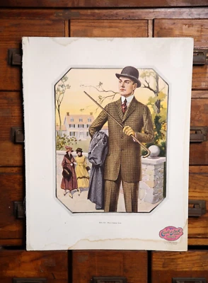 Terno de exibição de roupas masculinas vintage estampa de placa publicitária chapéu alfaiate bengala  - Imagem 1 de 4