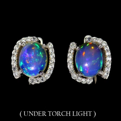 925 Sterling Silber Ohrringe Oval Feuer Opal 9x7mm Topas Edelstein, Schmuck - Bild 1 von 4