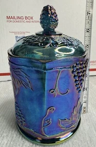 vintage Indiana Glass iridescent Blue Carnival Harvest Grape Candy Jar w/ Lid - Picture 1 of 24
