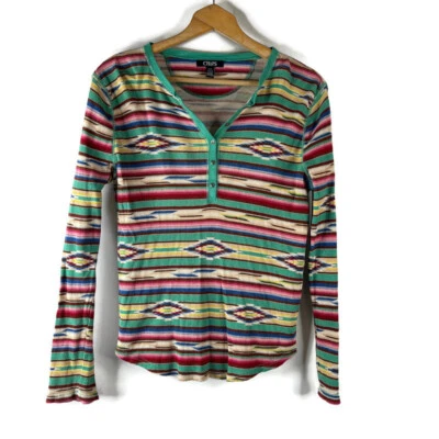Ralph Lauren CHAPS Mujer Henley Top Talla Grande Verde Rayas Azteca Suroeste Foto 1 de 4