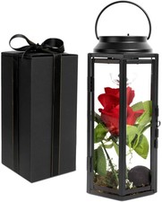RED SILK ARTIFICIAL ROSE IN GLASS LIGHT UP HANGING LANTERN LAMP. INDOOR OUTDOOR