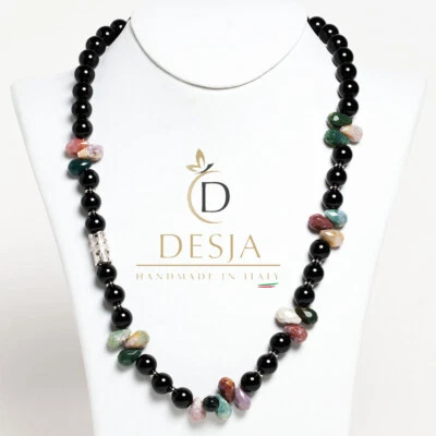 Collanina donna pietre dure naturali Onice Nero Agata Indiana con argento 925 - Immagine 1 di 2