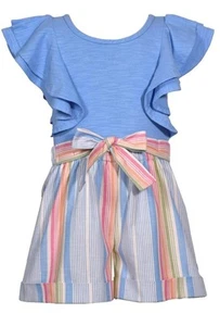 NEW Bonnie Jean Girls Size 8 "BLUE & ORANGE MULTI-STRIPE" Bag Shorts Romper NWT - Picture 1 of 3