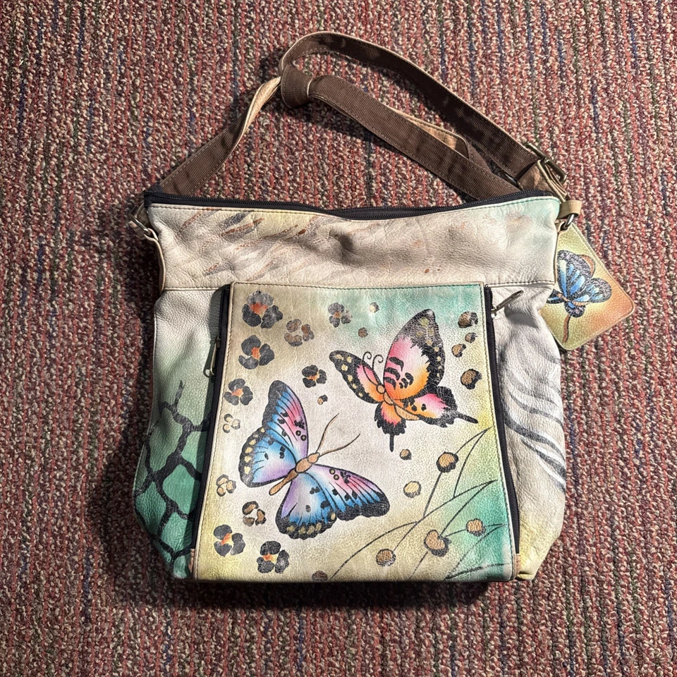 Bolso de Hombro Anuschka de Cuero Genuino Pintado a Mano Diseño Mariposa  Foto 1 de 4