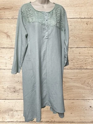 Zanzea Caftan Green Cotton Lagenlook Boxy Relaxed Boho Hippie Peasant Dress Art - Image 1 of 4