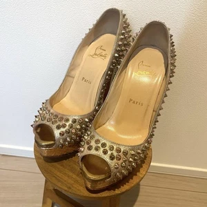 Christian Louboutin Spike Pumps Womens Size 36.5 Gold Leather Pointed Toe Heels - Picture 1 of 24