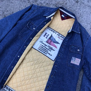 Vintage Tommy Hilfiger Jacket AdultLarge Blue Denim Jeans Logo Patch 90s Shirt - Picture 1 of 17