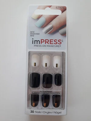KISS imPress Gel Nägel 60678 schwarz weiss 30 x Kunstnägel + Kleber NEU ALP3
