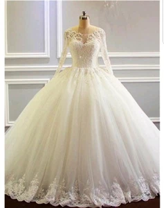 UK White Ivory Long Sleeve Lace Beaded Ball Gown Wedding Dress Bridal Size 6-22 - Picture 1 of 4