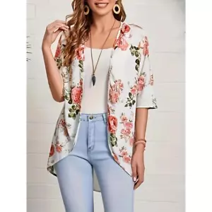 Übergröße Damen-Cardigan Blumendruck vorne offen unregelmäßiger Saum Überwurf - Bild 1 von 5