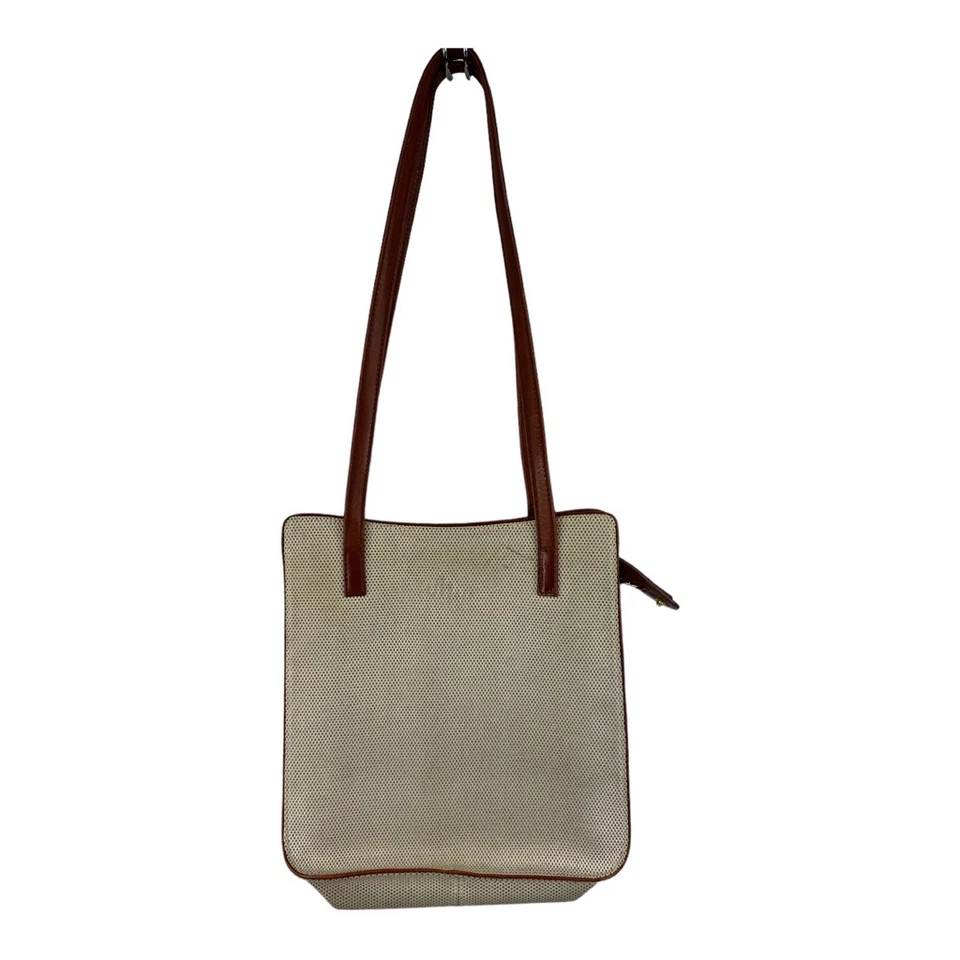 Monsac Womens Shoulder Tote Bag Beige Fabric Brown Leather Trim Strap Pocket Zip - Image 1 of 4