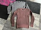 2x All Saints Mens Chunky Knit Brown Gray Knitwear Cotton Crew Sweater S Small