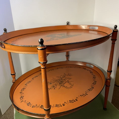 Italian Metal Tole Double Tray Butler Table Bamboo Metal Stand 1950s Orange Oval Cover