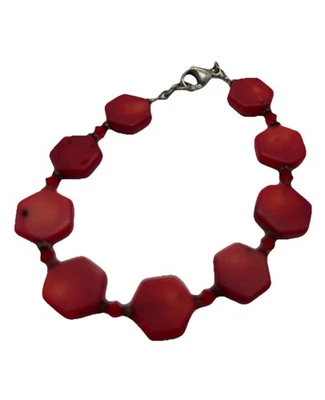 Pulsera gruesa de coral rojo con cuentas hexagonales de plata de ley 925 vintage Foto 1 de 4