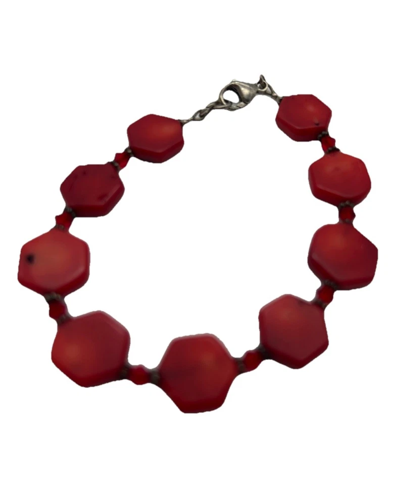 Pulsera gruesa de coral rojo con cuentas hexagonales de plata de ley 925 vintage Foto 1 de 4