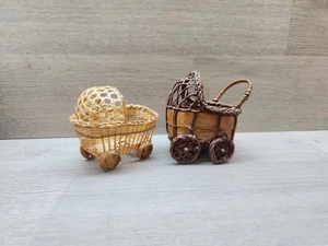 2 Vintage Wicker Baby Carriage Doll Dollhouse Miniature Furniture - Picture 1 of 3