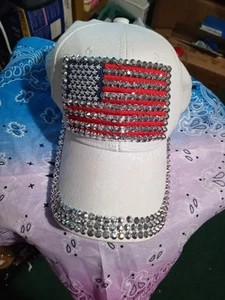 WHITE 4TH OF JULY AMERICAN FLAG W/Sequins, Rhinestones, Blinged ball cap HAT - Picture 1 of 3