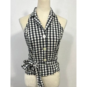 Gingham Halter Wrap Top XS Black White Coquette Soft Girl Romantic Preppy Y2K - Picture 1 of 9