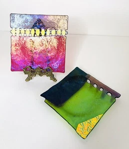 Set 2 SIGNED Art Glass Dichroic Fused Iridescent Multicolored 5” Square Plates - Picture 1 of 12