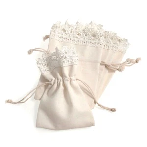 5 x Wedding Favour Natural Cotton Ivory Bags Lace Trim gift drawstring pouch - Picture 1 of 1
