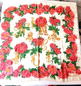 Nina Ricci Name Spelled Logo Vtg Silk Scarf Pink Green Cream 34" Hand Rolled - Picture 1 of 5