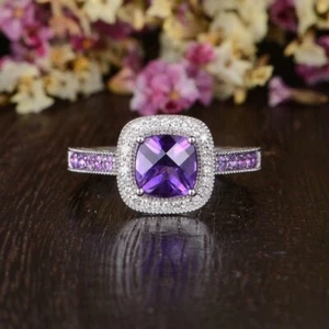 2CT Cushion Cut Simulated Amethyst Women's Halo Ring 14K White Gold Plated - Picture 1 of 4