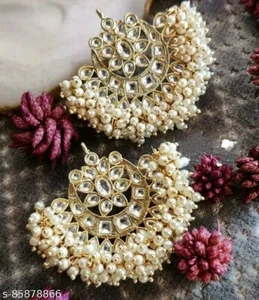 Conjunto de joyas blancas de pendientes Kundan Jhumka estilo Bollywood chapados en oro indio - Imagen 1 de 3