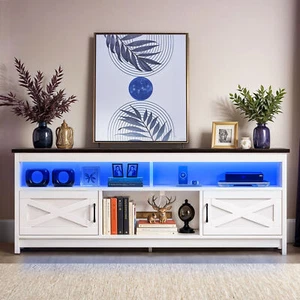 Farmhouse TV Stand for up to 75 in TVs With Open Shelves Power Outlet Barn Doors - Picture 1 of 11