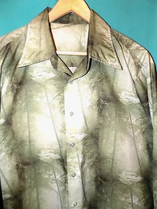Exc! VINTAGE 70s DISCO SHIRT, A.C.W.A. FOREST GRAPHICS, DAGGER COLLAR, Sz XL - Picture 1 of 10