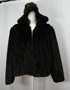 NOT FUR REAL Duffel Coat Jacket Brown Faux Fur Full Zip Hooded Lined Womens XL - Picture 1 of 11