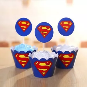 48 Pcs, 24 superman Cupcake Wrappers & 24 Toppers Kids Birthday Party Supply - Picture 1 of 3