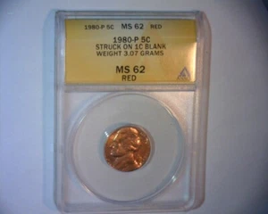 1980 P JEFFERSON NICKEL STRUCK ON A COPPER CENT PLANCHET🌟3.07 grams🌟ERROR COIN - Picture 1 of 7