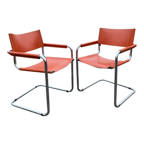 1980s Marcel Breuer Leather & Chrome Italian Leather Accent or Side Chairs- Pair Cover