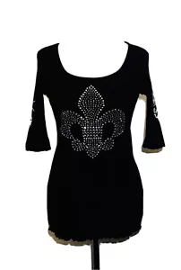 Freedom L Black Biker Fleur De Lis Rhinestones Studded 3/4 Sleeve Knit Top NWT - Picture 1 of 9