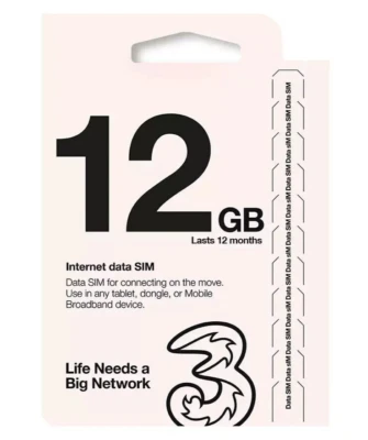 Three PAYG Preloaded 12GB 4G 5G Data SIM Mobile Broadband lasts upt0 12 months - Image 1 of 4