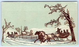 1800's VICTORIAN CARD WINTER SCENE ONE HORSE OPEN SLEIGH CHURCH CHRISTMAS - Picture 1 of 2