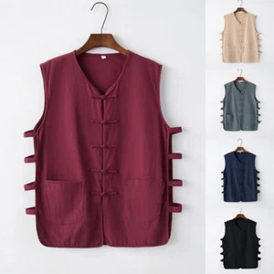 Men Fashion Chinese Kung Fu Tang Suit Vest Tai Chi Cotton Linen Costume Tank T 、 - Picture 1 of 29