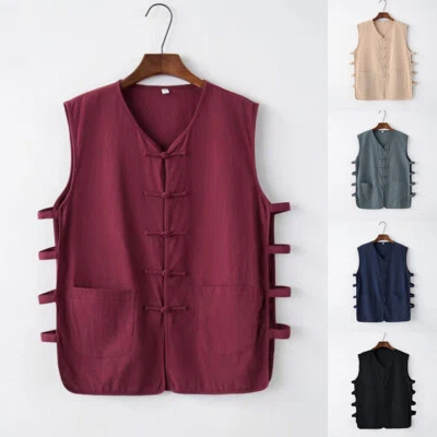 Men Fashion Chinese Kung Fu Tang Suit Vest Tai Chi Cotton Linen Costume Tank Top - Image 1 of 4