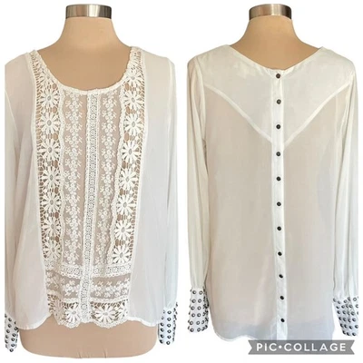 Double Zero Chiffon & Lace Sheer White Blouse Studded Cuffs Sz Large Feminine  - Image 1 of 4